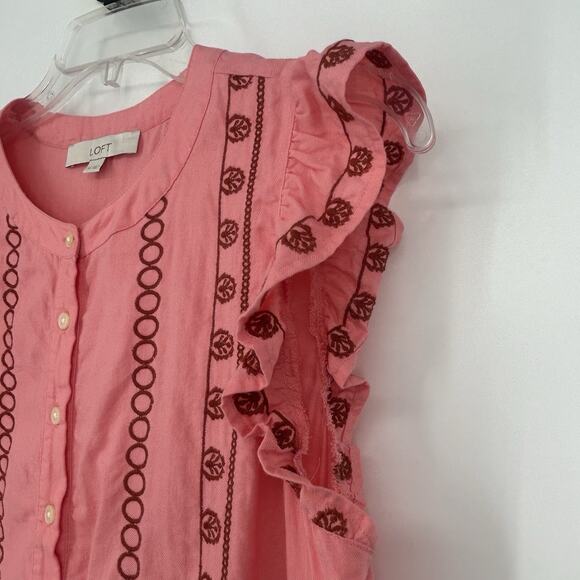LOFT Floral Embroidered Henley Blouse Pink Peplum Ruffle Boho Feminine Size M - Picture 4 of 10